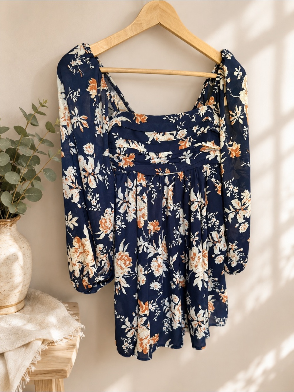 Abercrombie Floral Puff Sleeve Mini Dress XSP Navy